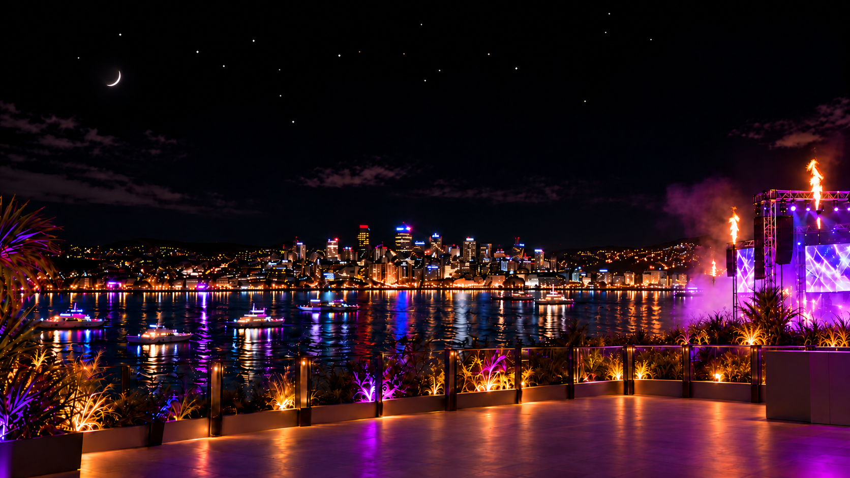 Auckland waterfront and skyline during a night-time event