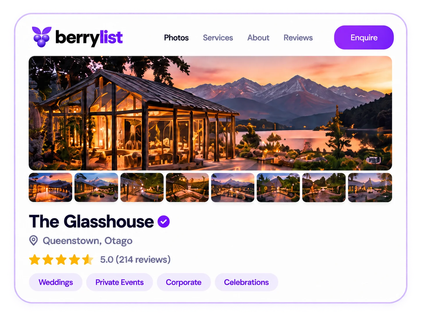 Example Berrylist business page design featuring a venue photo gallery, services, reviews and enquiry button.